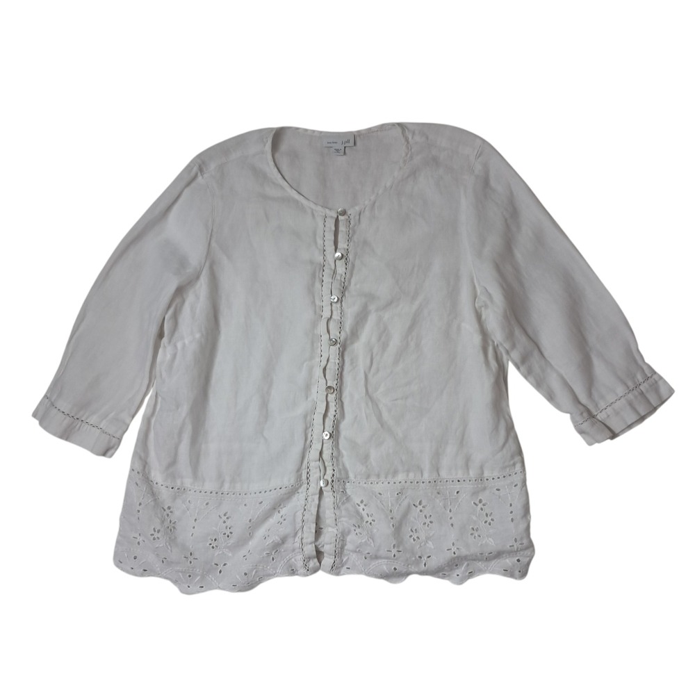 J. Jill Button Down Top Womens Medium Petite White Linen Eyelet Lace Embroidered